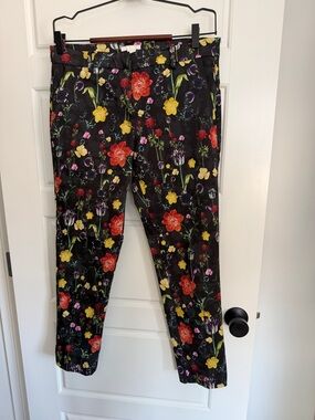H&M Black Floral Stretch Ponte Pants with Multi-Color Blooms